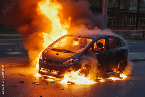 Electric car catches fire. Fire hazard from electric vehicles. Generative AI
