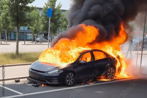 Electric car catches fire. Fire hazard from electric vehicles. Generative AI