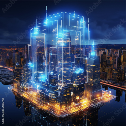 nyc futuristic city rorty o dana, 3d image, in the style of industrial and technological subjects, isometric, intel core, illuminated interiors, suburban ennui capturer, marcin sobas, detailed world-b photo