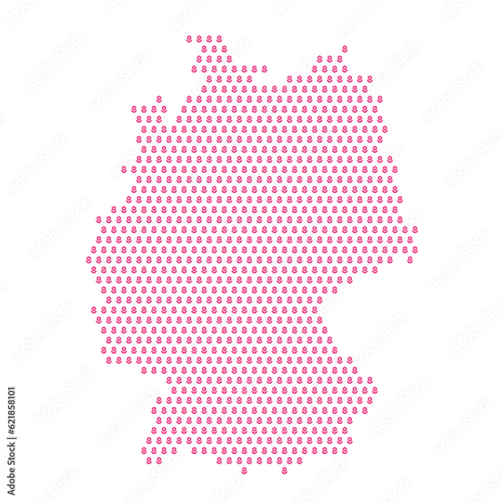 Map of the country of Germany with pink flower icons on a white background