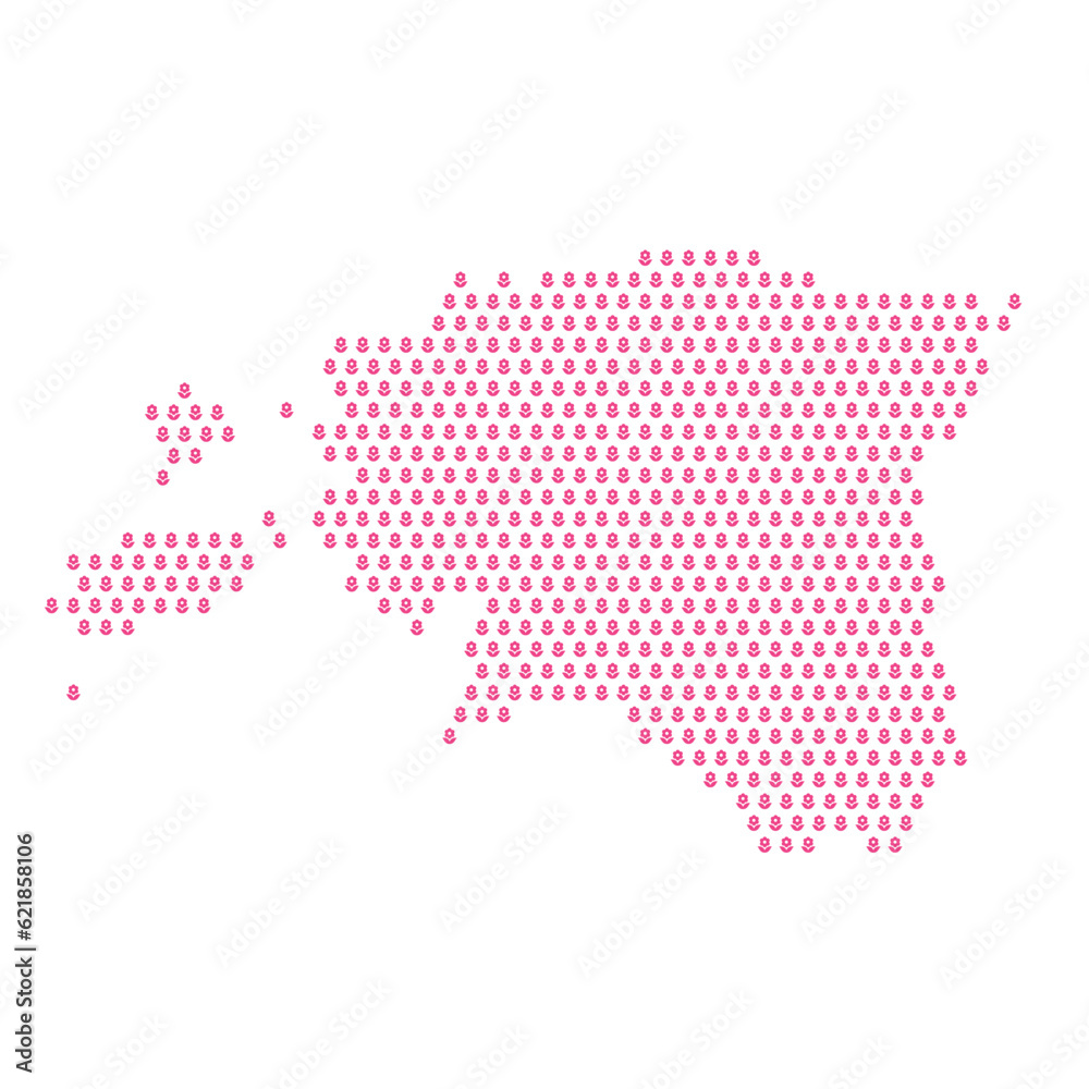 Map of the country of Estonia with pink flower icons on a white background