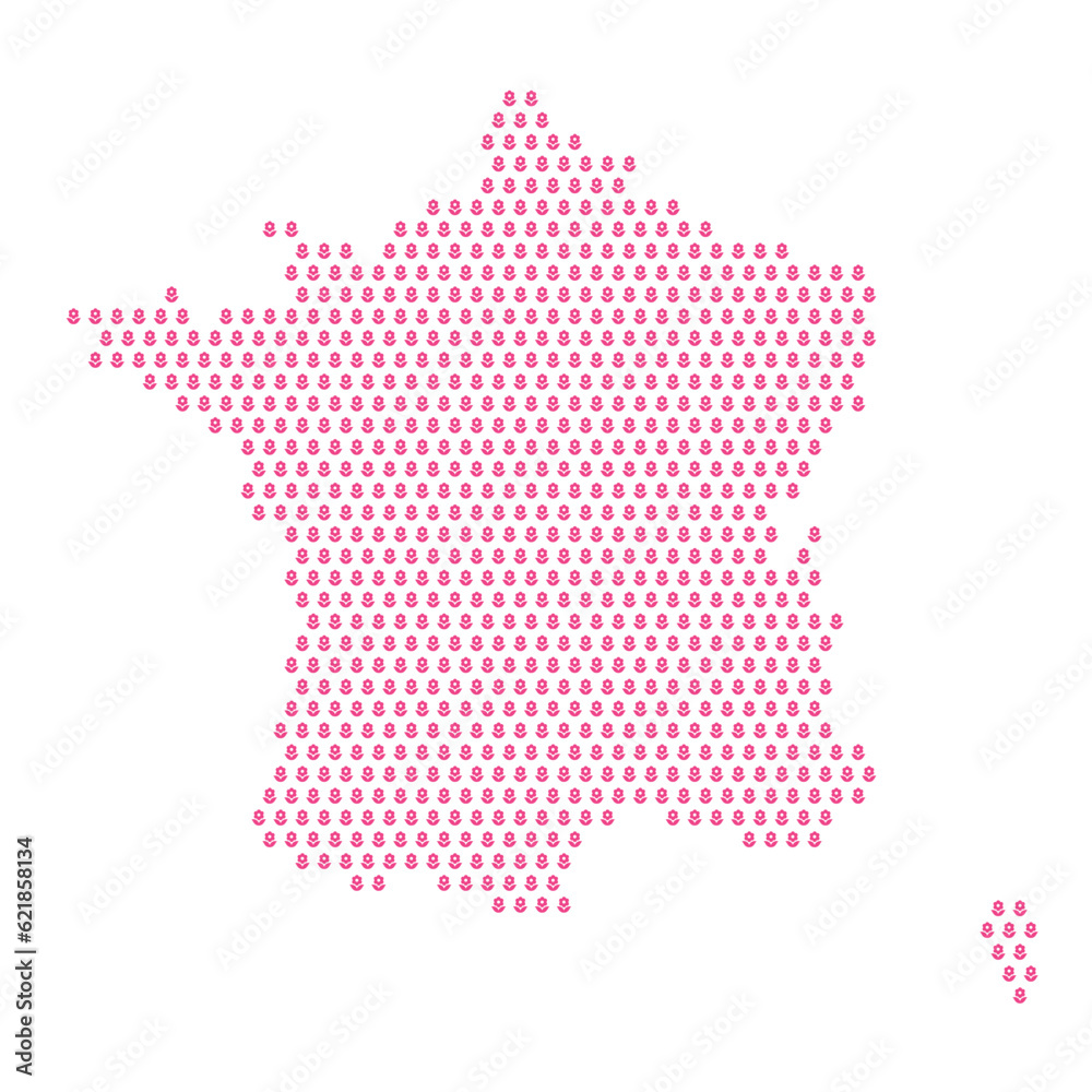 Map of the country of France with pink flower icons on a white background