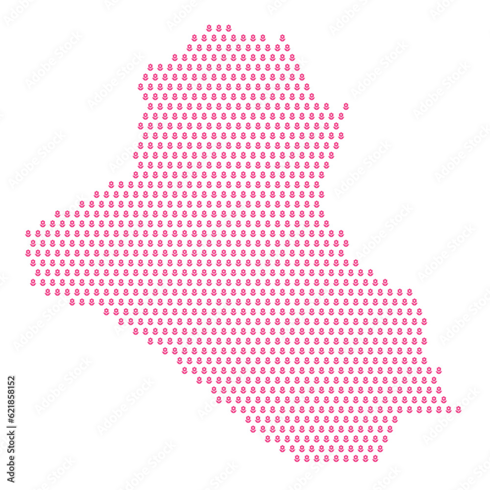 Map of the country of Iraq with pink flower icons on a white background
