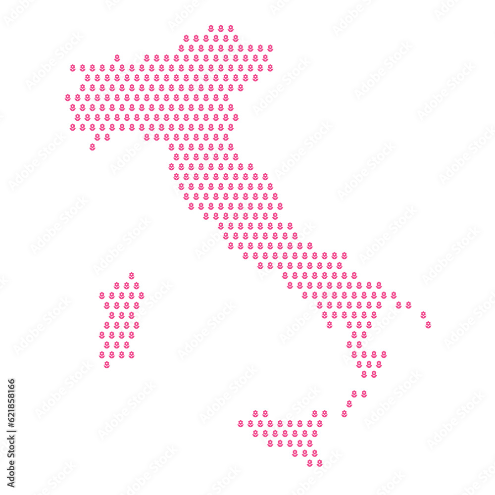 Map of the country of Italy with pink flower icons on a white background