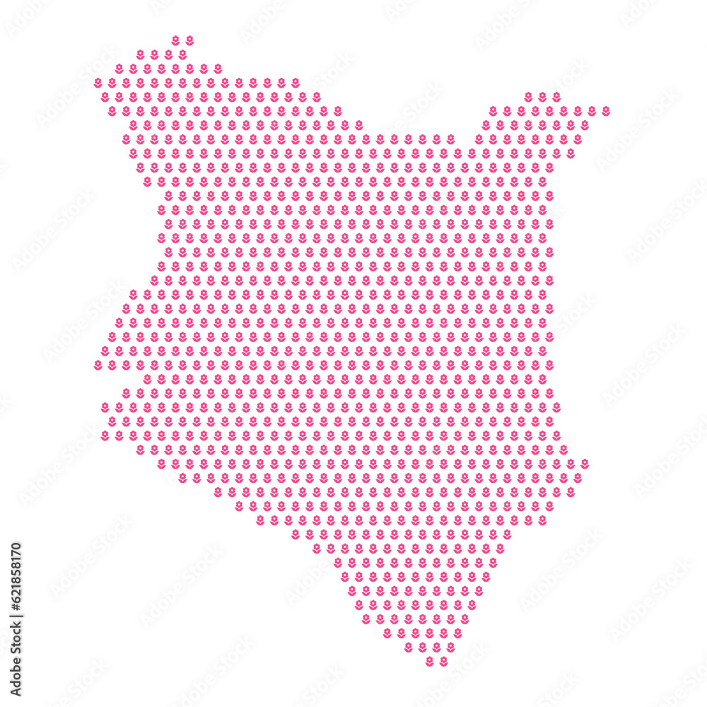 Map of the country of Kenya with pink flower icons on a white background