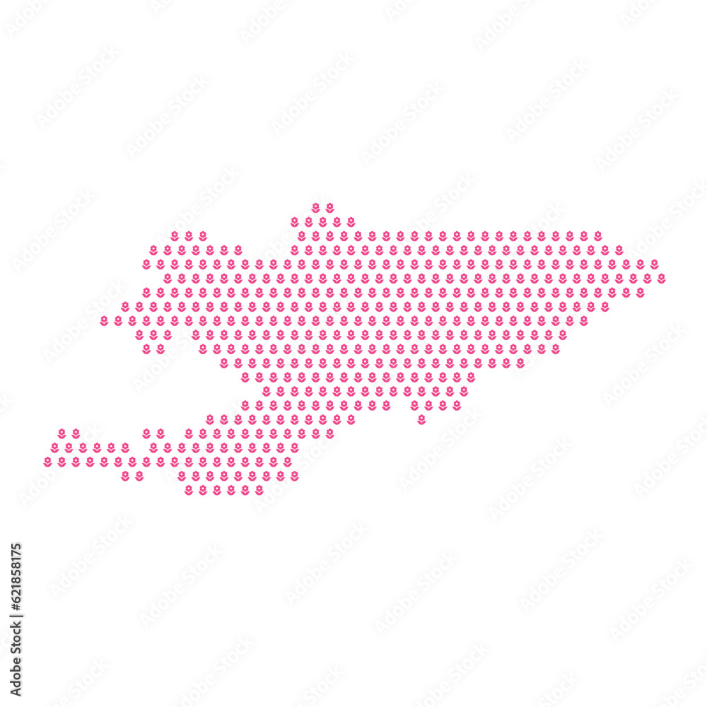 Map of the country of Kyrgyzstan with pink flower icons on a white background