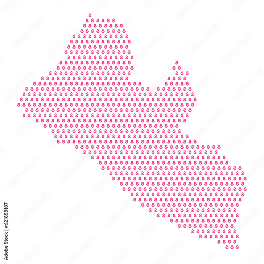 Map of the country of Liberia with pink flower icons on a white background