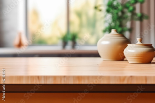 Empty table top and kitchen interior in blur. Kitchen counter top with minimalistic decoration. Generative AI