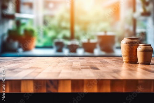 Wooden top table of free space and kitchen interior in blur. Kitchen counter top with minimalistic decoration. Generative AI