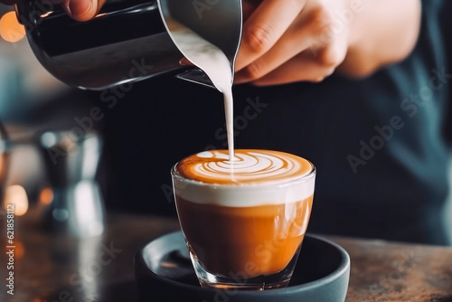 Professional barista pouring milk and making latte art. Coffee shop interior and closeup of making cappuccino.