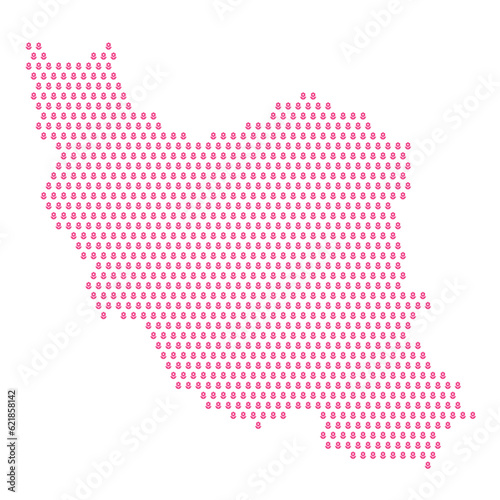 Map of the country of Iran with pink flower icons on a white background