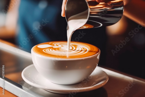 Professional barista pouring milk and making latte art. Coffee shop interior and closeup of making cappuccino.