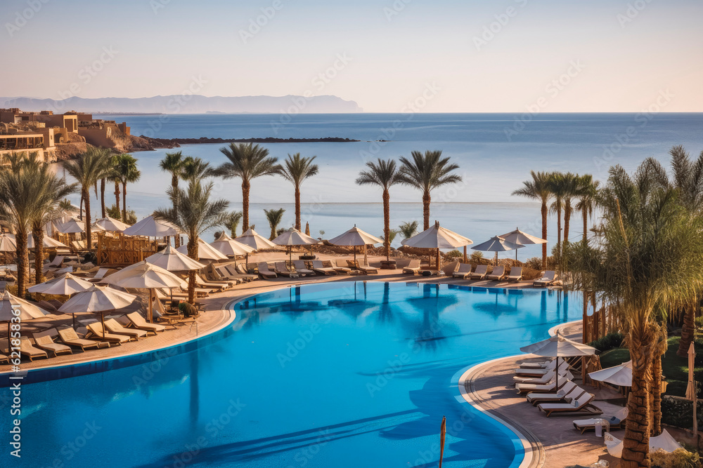 Pool beach umbrellas and the Red sea in Egypt. Summer vacation in beautiful sunny Egypt with clear blue water. Generative AI