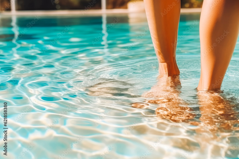 Closeup of female legs walking in pool on sunny day. Summer vacation carefree concept. Generative AI