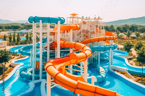 Beautiful water park with colorful water slides. Summer vacation family fun. Generative AI