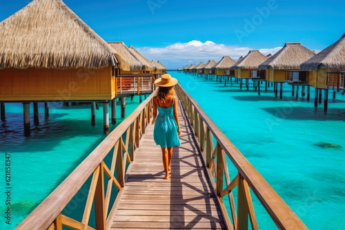 Luxury over water bungalows. Tahiti resort woman walking on wooden pier and clear blue water. Generative AI