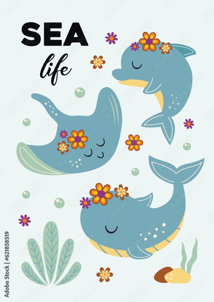 cute sea poster with whale, dolphin, ramp fish cute sea poster with whale, dolphin, ramp fish