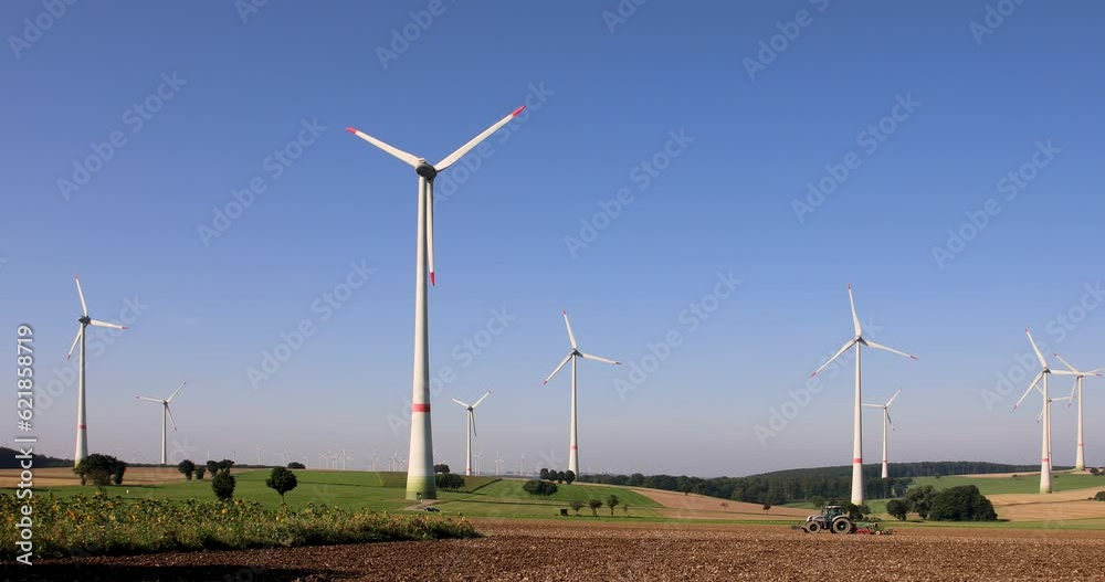 Field, Fields, Tractor, Agriculture, Wind turbines, Wind farm, Lichtenau, North Rhine-Westphalia, North Rhine-Westphalia, Germany, Europe