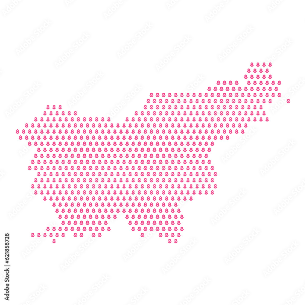 Map of the country of Slovenia with pink flower icons on a white background
