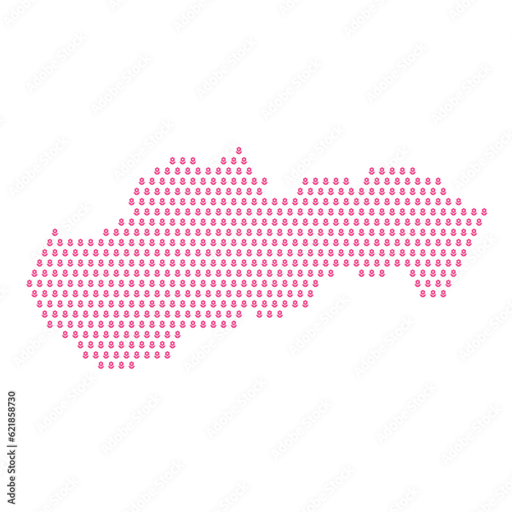 Map of the country of Slovakia with pink flower icons on a white background
