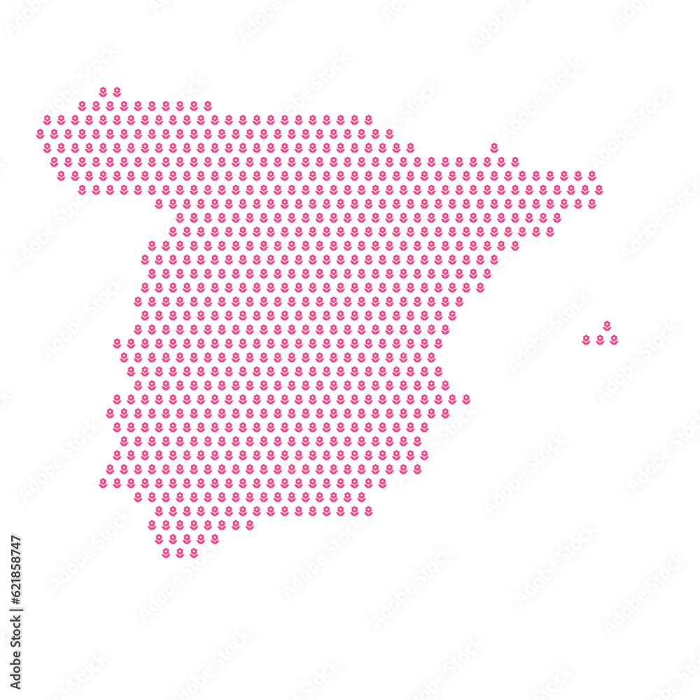 Map of the country of Spain with pink flower icons on a white background