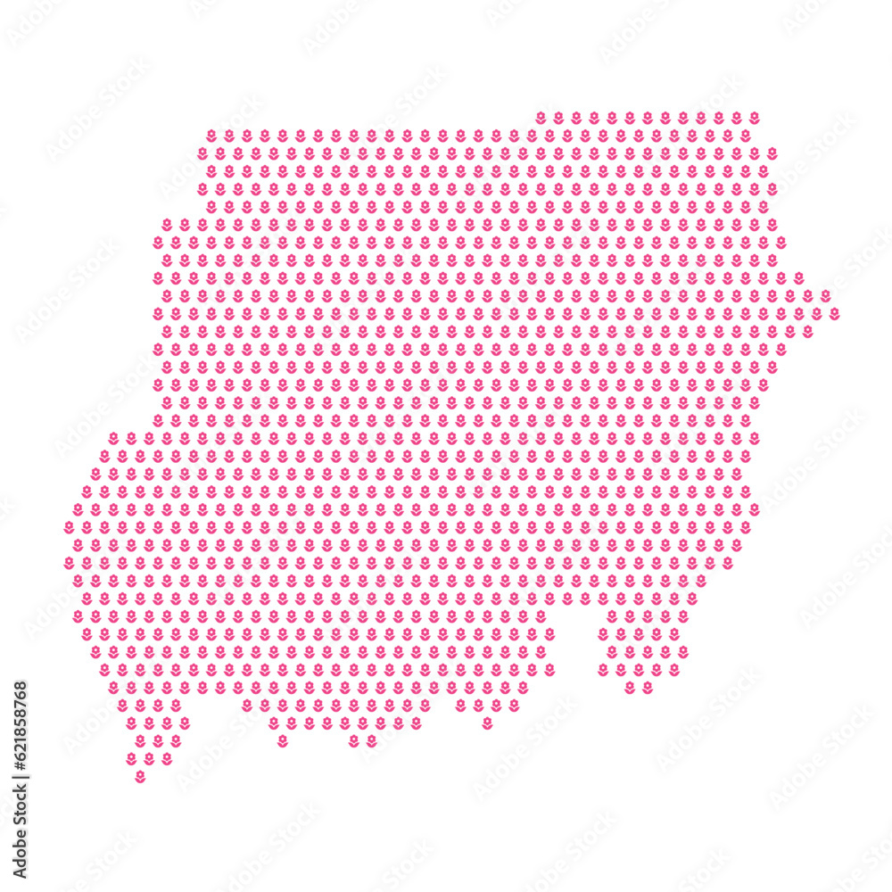 Map of the country of Sudan with pink flower icons on a white background