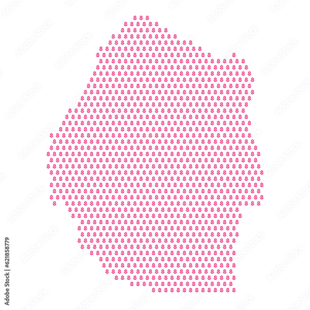 Map of the country of Swaziland with pink flower icons on a white background
