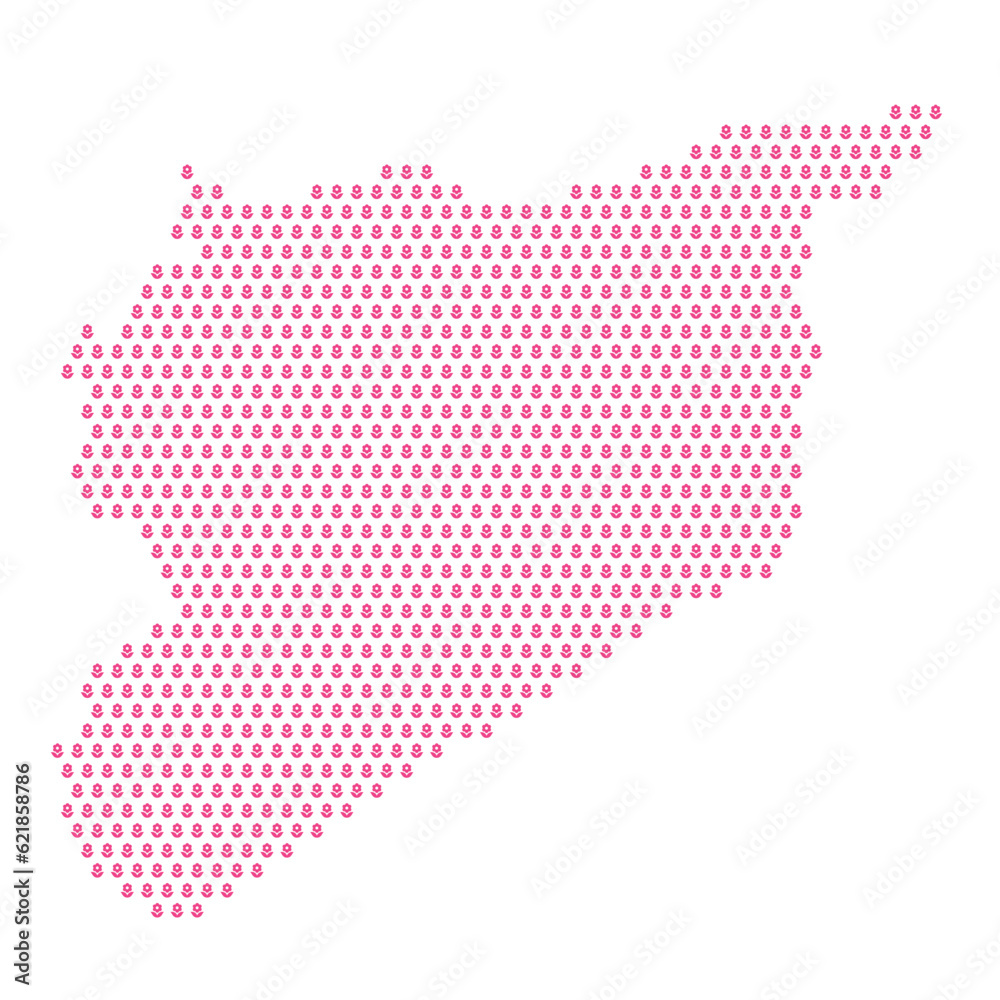 Map of the country of Syria with pink flower icons on a white background
