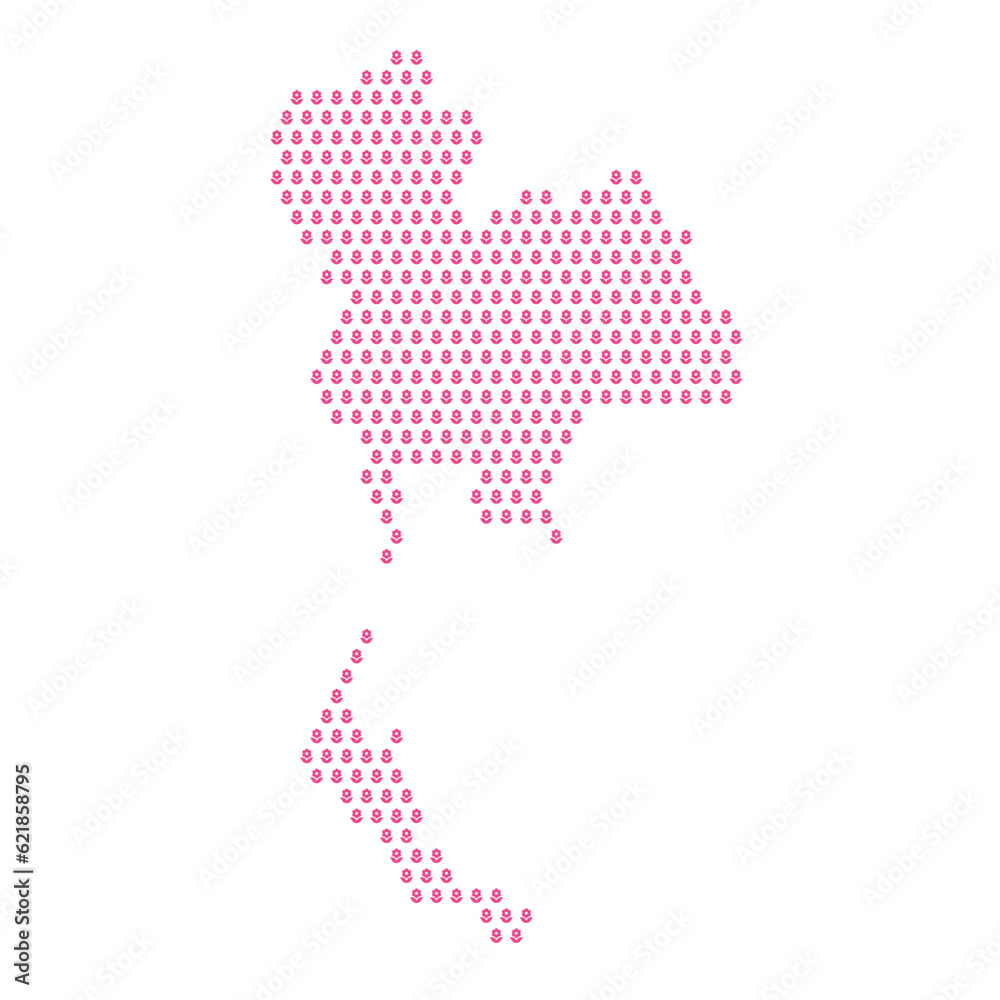 Map of the country of Thailand with pink flower icons on a white background