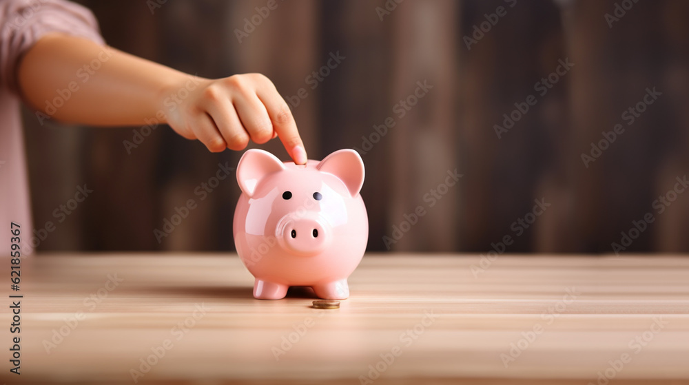 Little girl saving money in a piggy bank, learning about saving, Kid save money for future education. Money, finances, insurance, and people concept copy space Little girl saving money in a piggy bank, learning about saving, Kid save money for future education. Money, finances, insurance, and people concept copy space