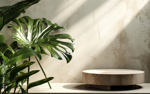 Tropical Minimalism: Modern Brown Geometric Podium Table with Sunlit Banana Tree on Polished Cement Wall