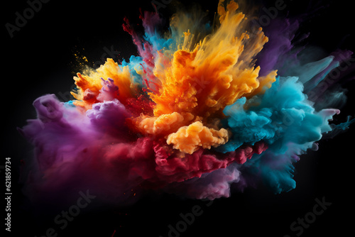 Colorful rainbow holi paint color powder explosion isolated black background. Generative AI