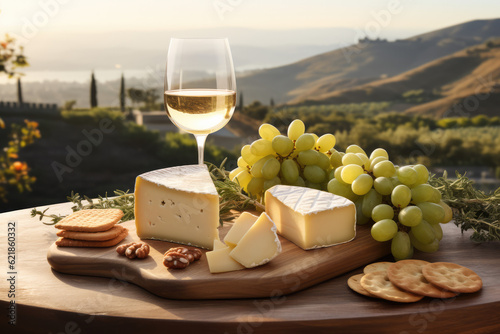 Käseplatte serviert mit Weißwein