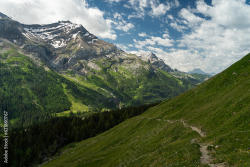 Fototapeta Naklejka Na Ścianę i Meble -  Chemin de randonnée dans les Alpes Suisse avec en arrière plan une montagne avec de la neige