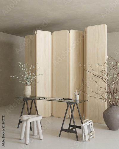 Studio office space design with desk and chair , decor , partition wall , 3d rendering