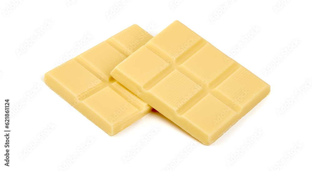 White chocolate pieces, isolated on white background.