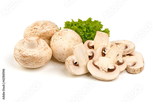 Sliced champignons, top view, isolated on white background.