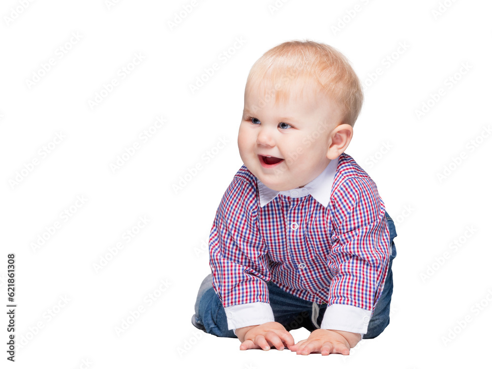 Cute little child, a boy crawling looking at the camera. Isolated on transparent white background Cute little child, a boy crawling looking at the camera. Isolated on transparent white background
