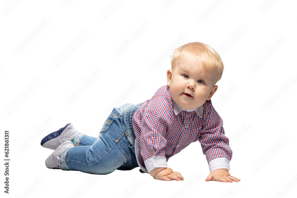 Cute little child, a boy crawling looking at the camera. Isolated on transparent white background Cute little child, a boy crawling looking at the camera. Isolated on transparent white background