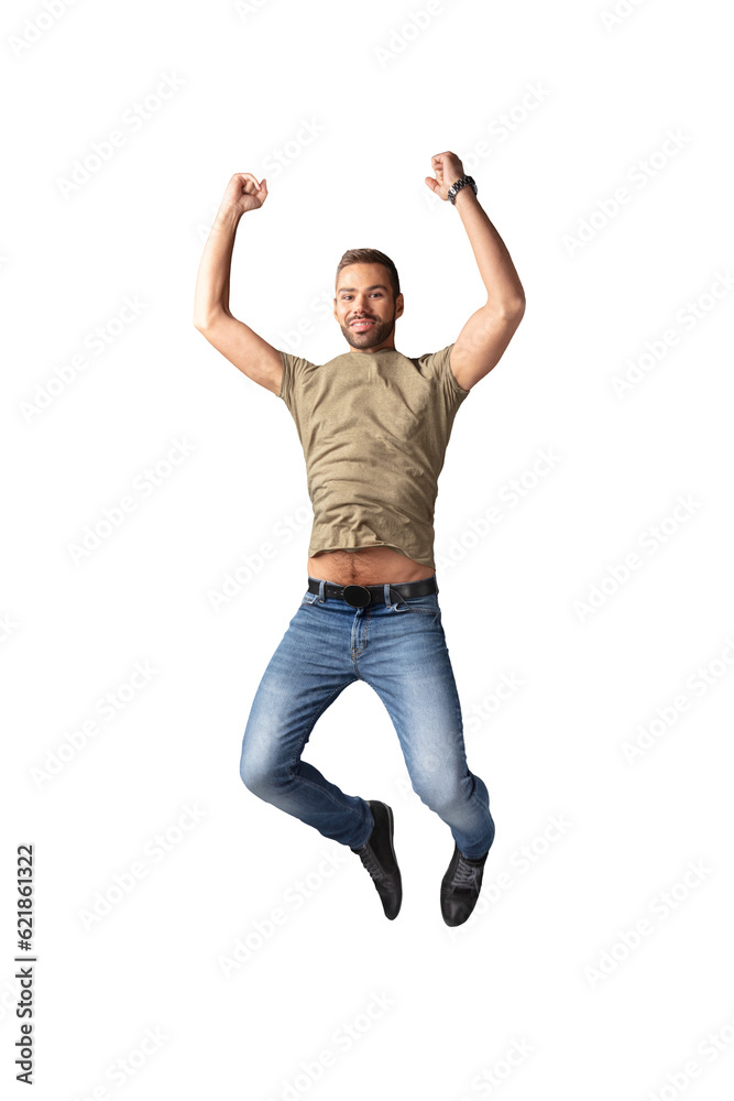 Happy handsome man jumping for joy. Isolated on transparent white background Happy handsome man jumping for joy. Isolated on transparent white background