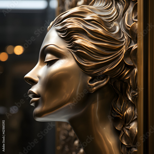 A realistic Close-up side view on a main door patinated polished bronze, incredibly detailed, sharpen, details, bronze, art style, abstract, face, woman, lady, light, Ai generate..