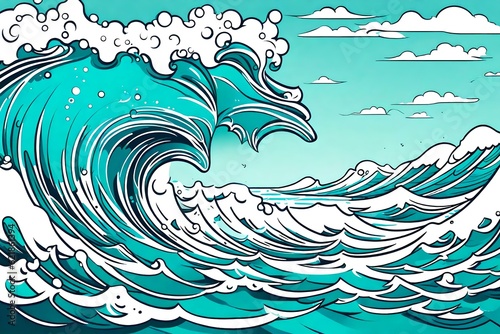 Illustration of fierce wave in the ocean. Ink style with bold lines. (AI-generated fictional illustration)
 photo