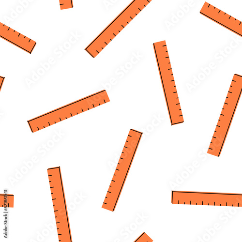 Hand drawn cute seamless pattern with school ruler. Flat vector college stationery measuring tool print in doodle style. Back to school. Repeated education or study background, wrapping or wallpaper.