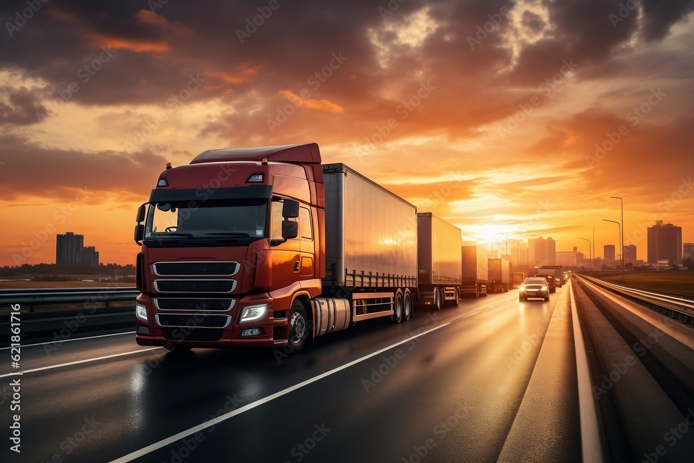 A red semi truck driving down a highway at sunset. AI