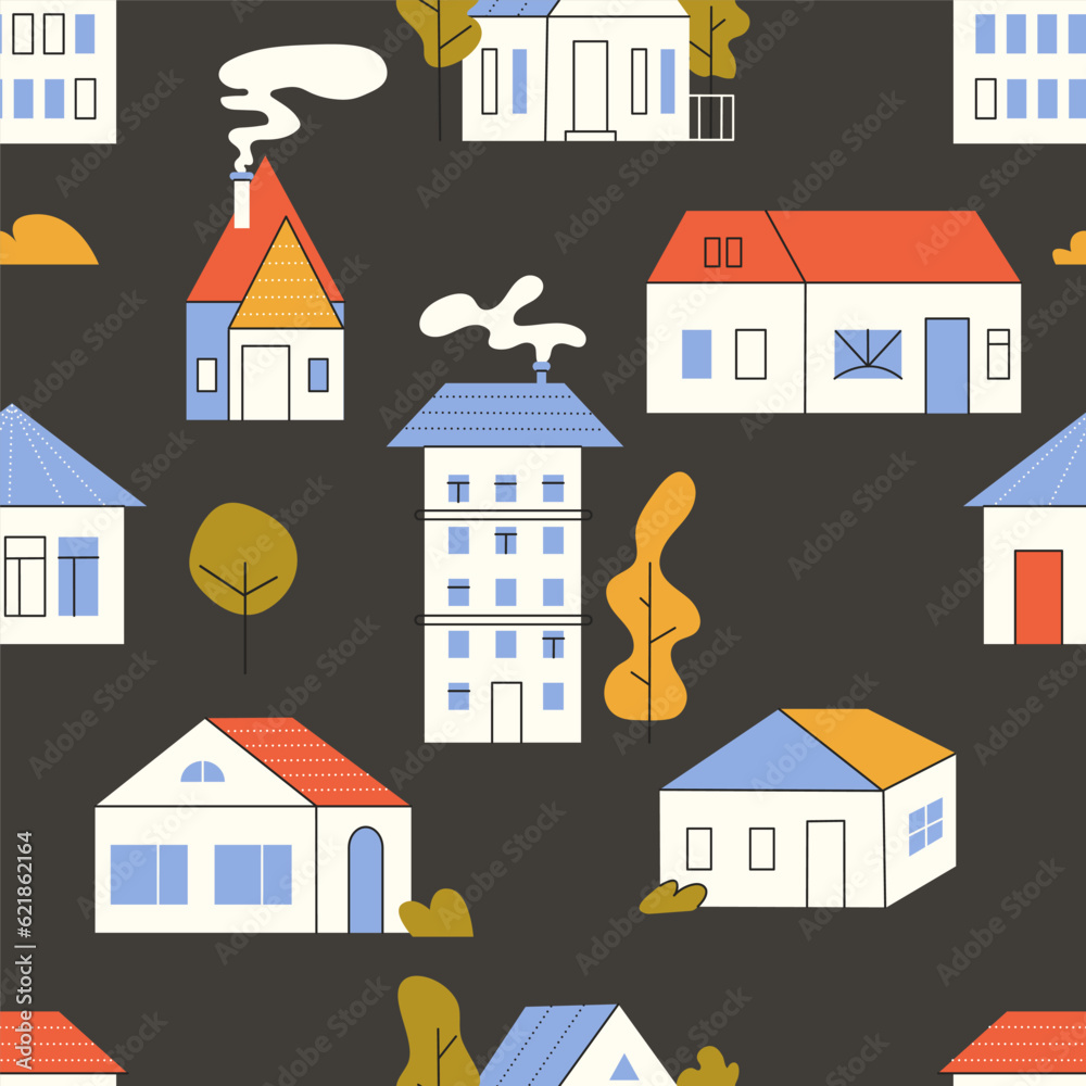 Scandinavian seamless pattern with cute tiny houses. Various small homes repeating print. Building, real estate concept background, wallpaper. Cartoon vector illustration