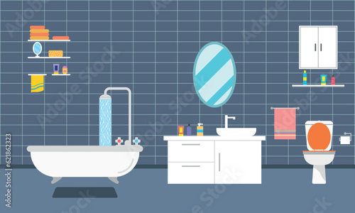 Furnishing bathroom interior with bath washbasin and toilet ilustration.