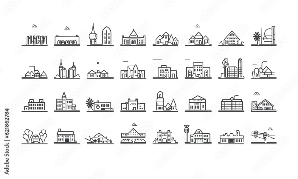 Fototapeta premium Icons of the city in the form of lines on a transparent background with editable strokes
