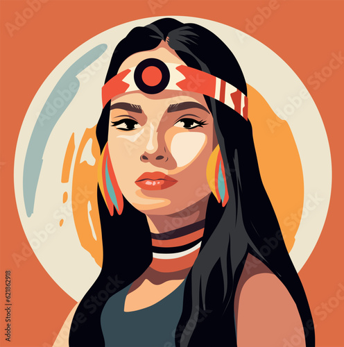 Vector social media avatar icon native american girl. Indian culture. Portrait of a young woman national image. Flat graphic vector illustration