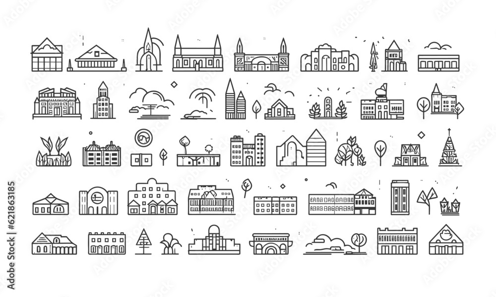 Icons of the city in the form of lines on a transparent background with editable strokes