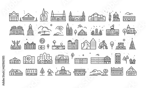 Icons of the city in the form of lines on a transparent background with editable strokes